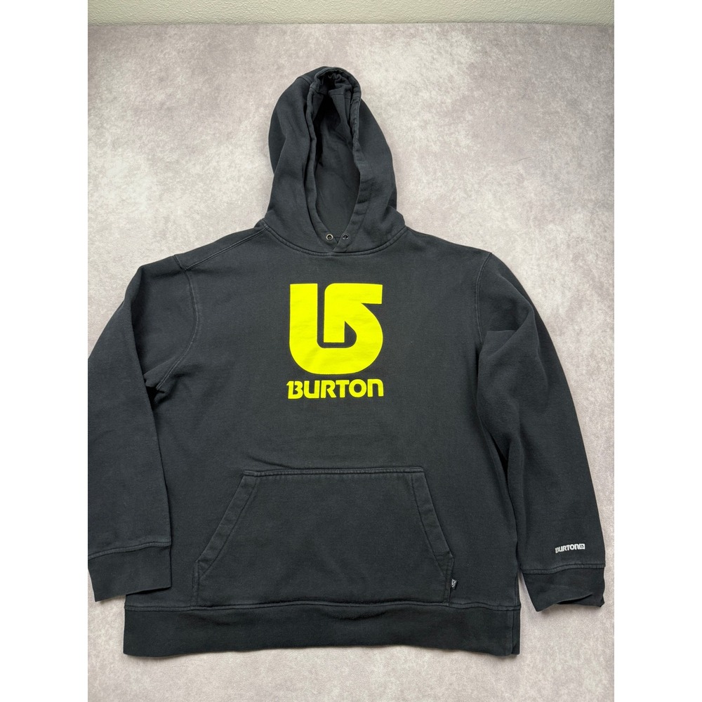 Burton Mens L Black Neon Yellow Logo Hoodie Sweatshirt Snowboard Ski Worn-In Y2K